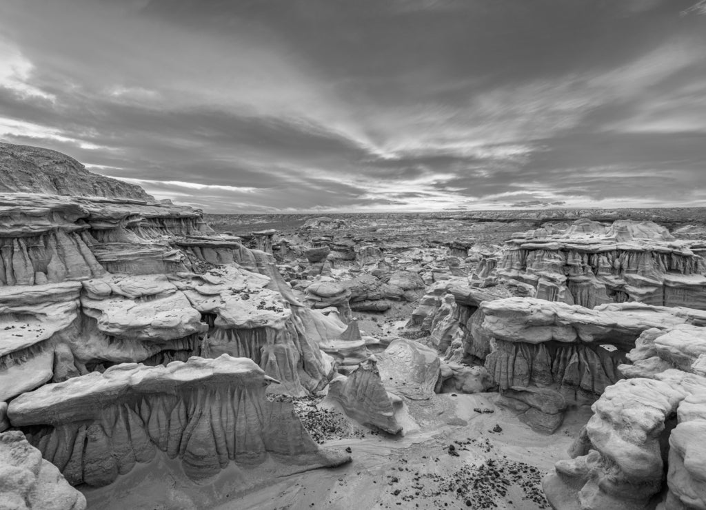 Bisti/De-Na-Zin Wilderness, New Mexico, USA at Valley of Dreams after sunset in black white