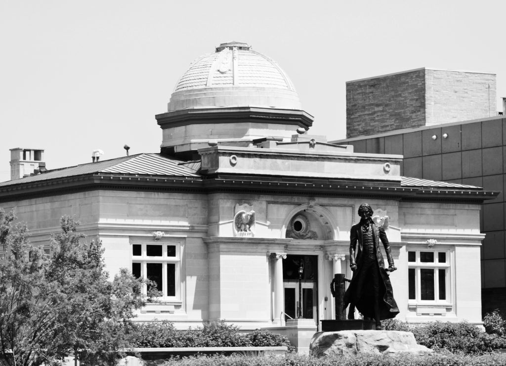 Historic building in Jeffersonville Indiana in black white