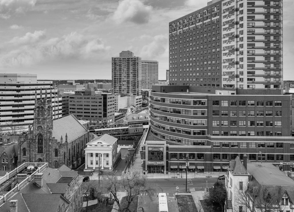 Aerial of Rutgers New Brunswick New Jersey in black white