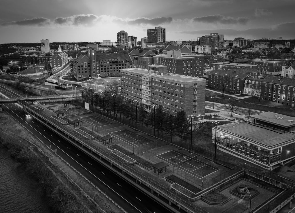 Aerial of Rutgers New Brunswick New Jersey in black white