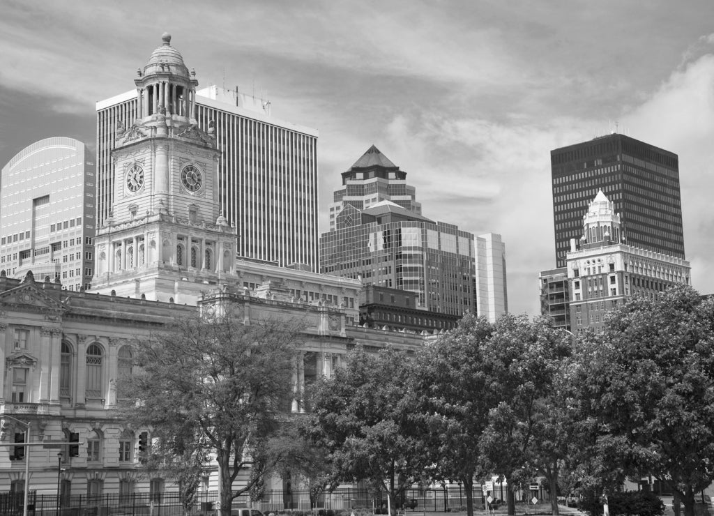 View of Des Moines skyline, capital of Iowa in black white