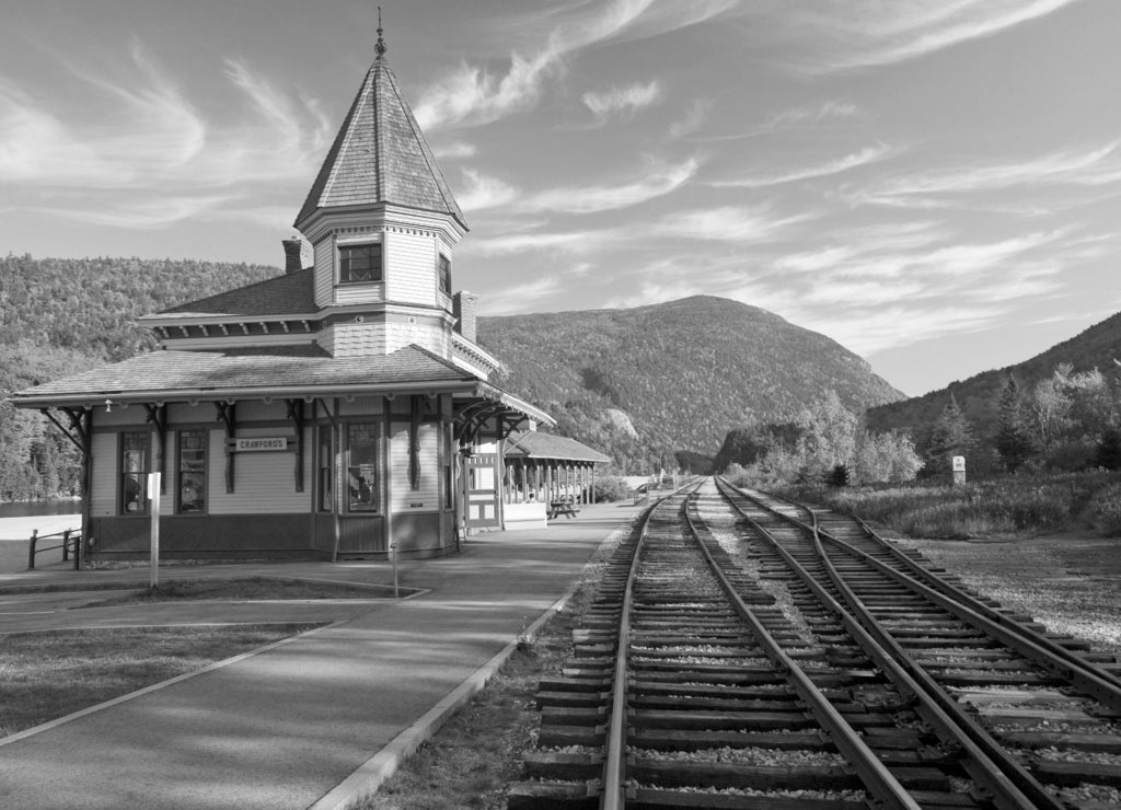 Crawford Depot along the scenic train ride to Mount Washington, New Hampshire in black white