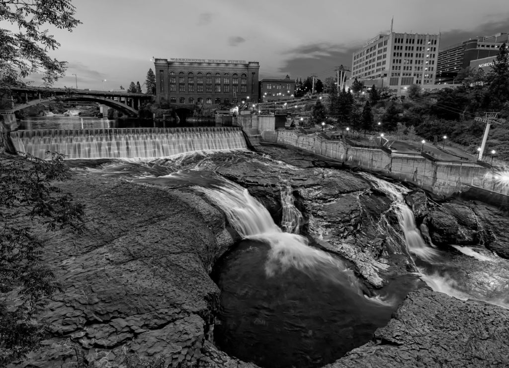 Spokane Falls and City Skyline Summer Evening, Washington in black white