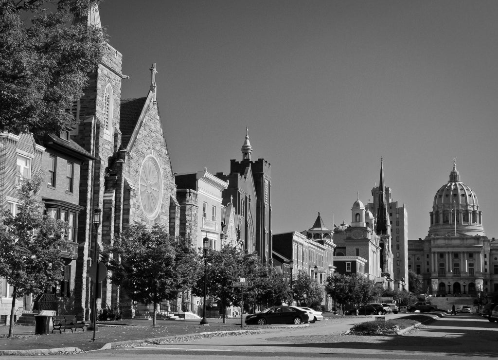 Long street of historical part of Harrisburg in Pennsylvania, US in black white