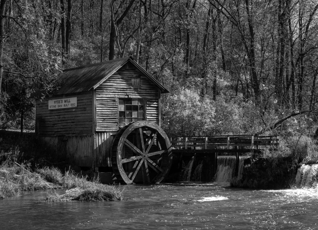 Hyde's mill in the Fall/Autumn sunshine. Hyde, Wisconsin, USA in black white