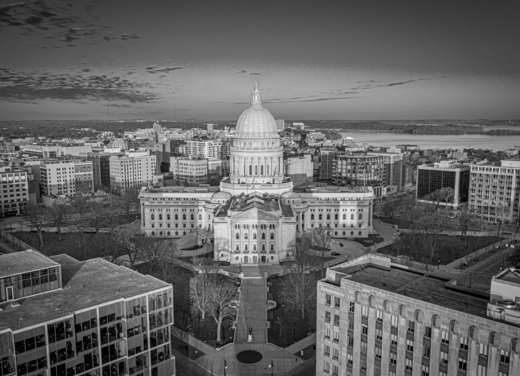 Madison Wisconsin Isthmus and Capitol at sunrise in black white