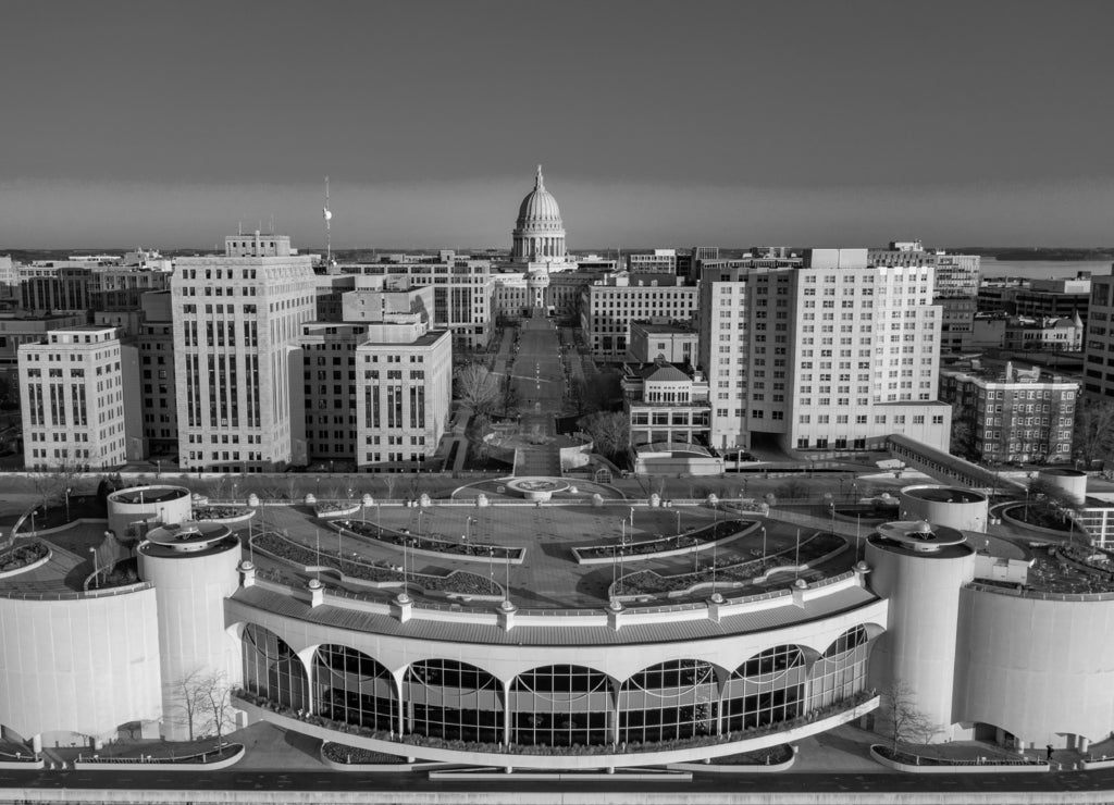 Madison Wisconsin Capitol at sunrise in black white