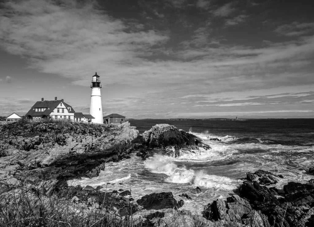 Light house on the Maine Coast in black white