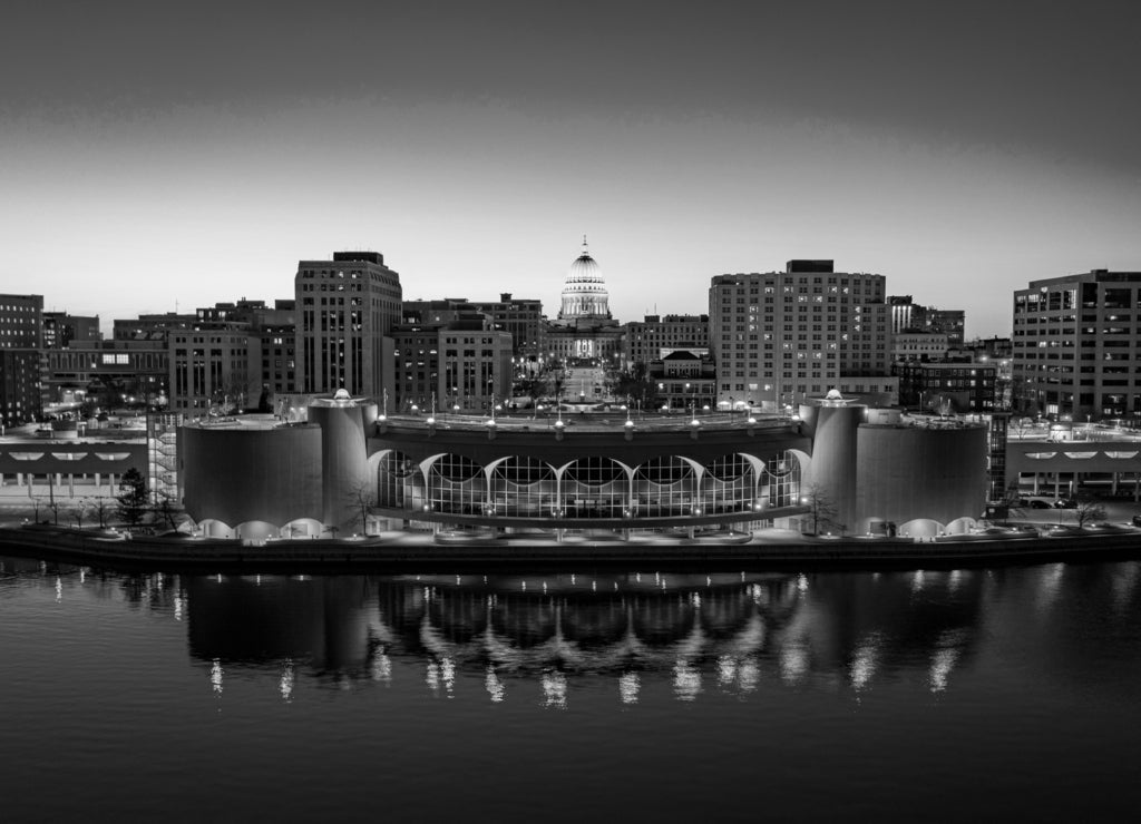 Madison isthmus and capital at dusk, Wisconsin in black white