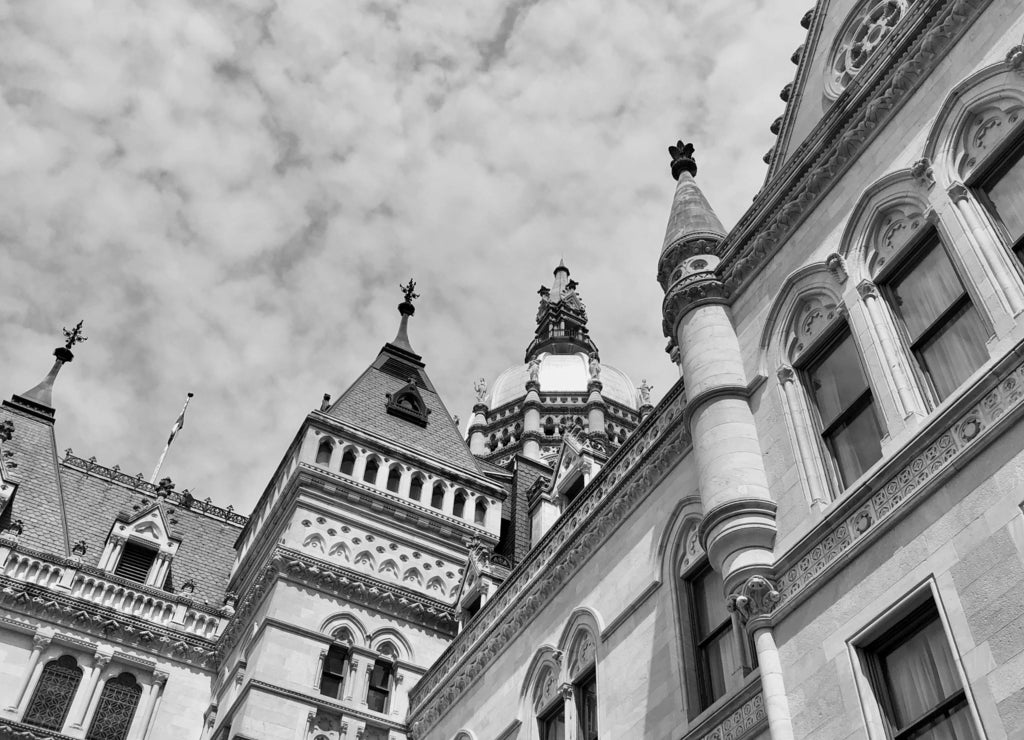 Connecticut State Capitol, Hartford, Connecticut, USA. This building was designed by Richard Upjohn with Victorian Gothic Revival style in 1872 in black white