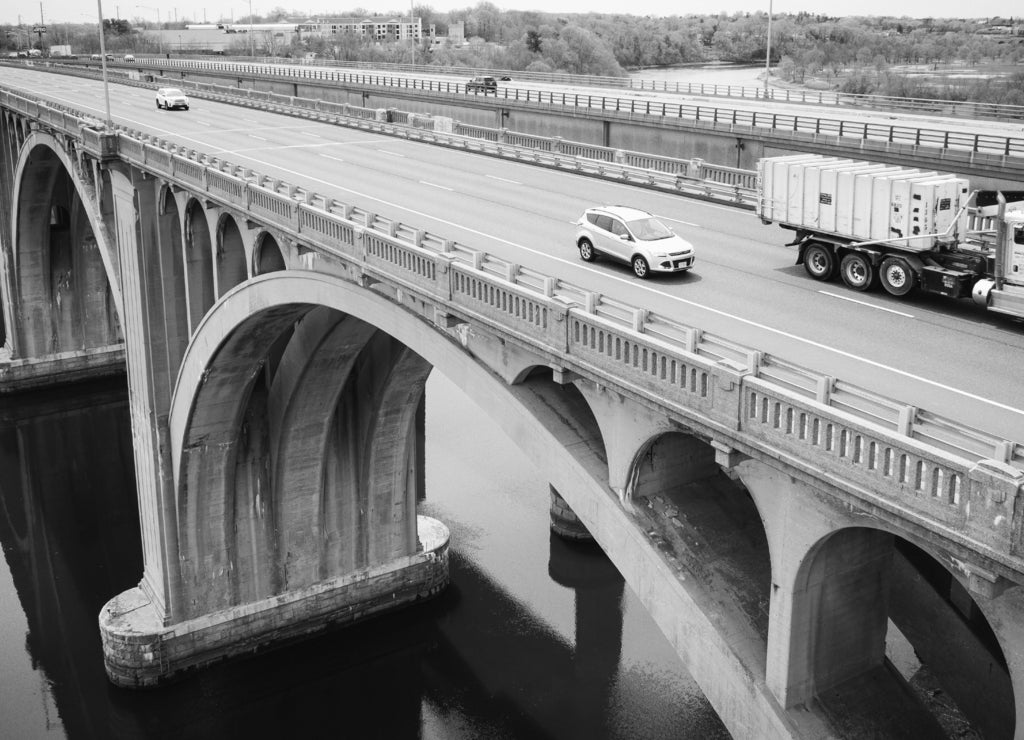 Drone of Donald Goodkind Bridge Raritan River New Jersey in black white