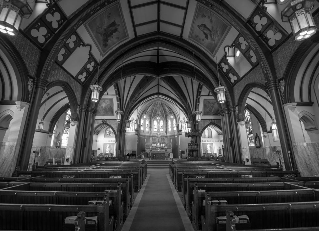 Altar inside Saint Mary of the Assumption Parish Church, town of Brookline, Massachusetts in black white