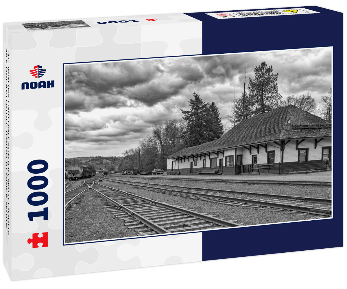 St. Maries railroad station with cloudy sky background, iDaho in black white