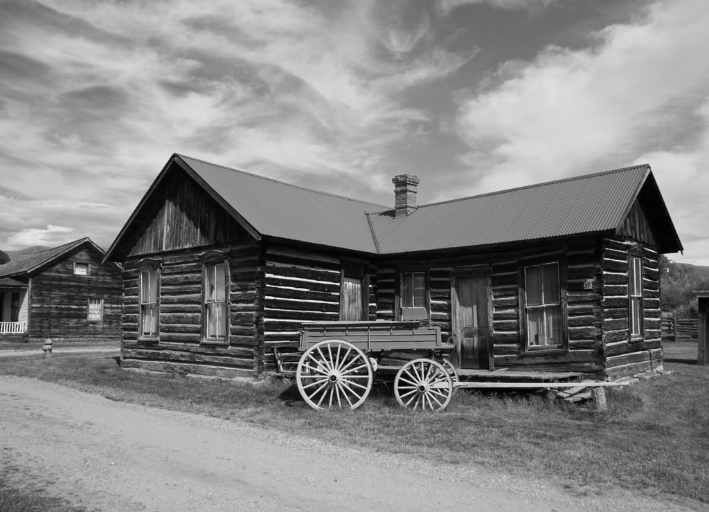 Buildings in the ghost town Nevada City, Montana in black white