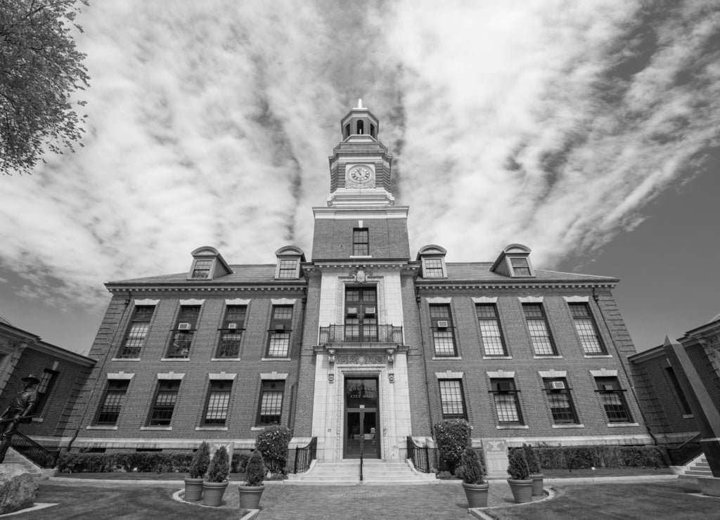 Chelsea City Hall is a historic building modeled after Old Independence Hall in Philadelphia at 500 Broadway in downtown Chelsea, Massachusetts, USA in black white