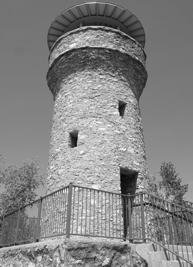 Mount Theodore Roosevelt Monument -Also known as the Roosevelt Friendship Monument or Friendship Tower, located in the Black Hills National Forest on the outskirts of Deadwood, Lawrence County, South Dakota in black white