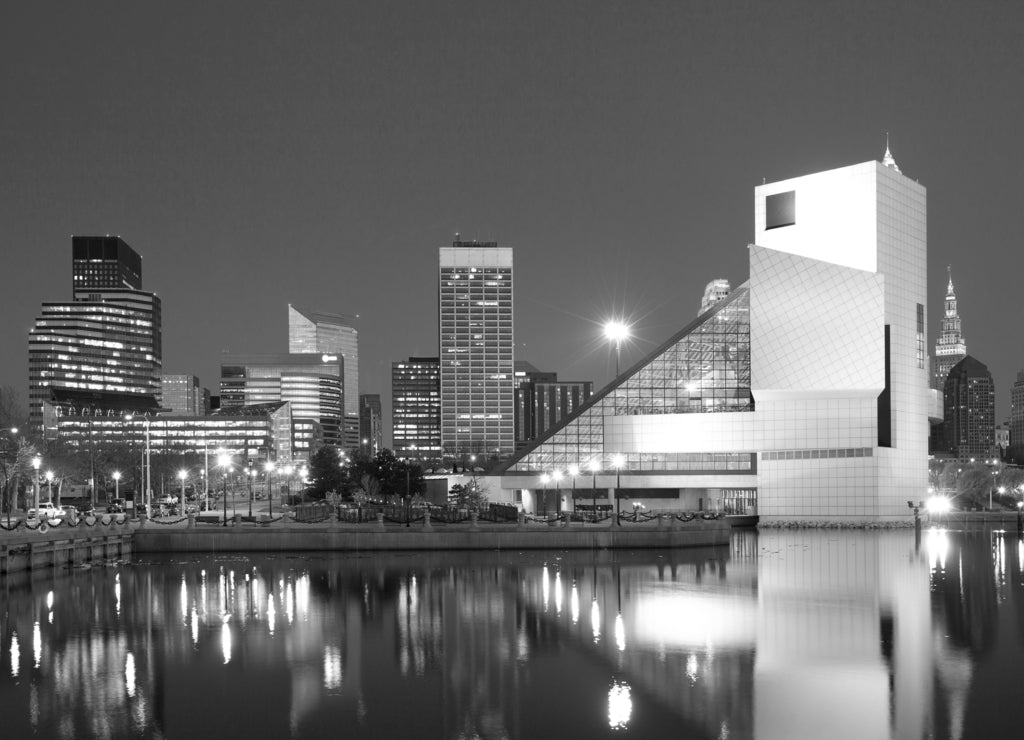 City skyline at dusk from the harbor, Cleveland, Ohio, United States in black white