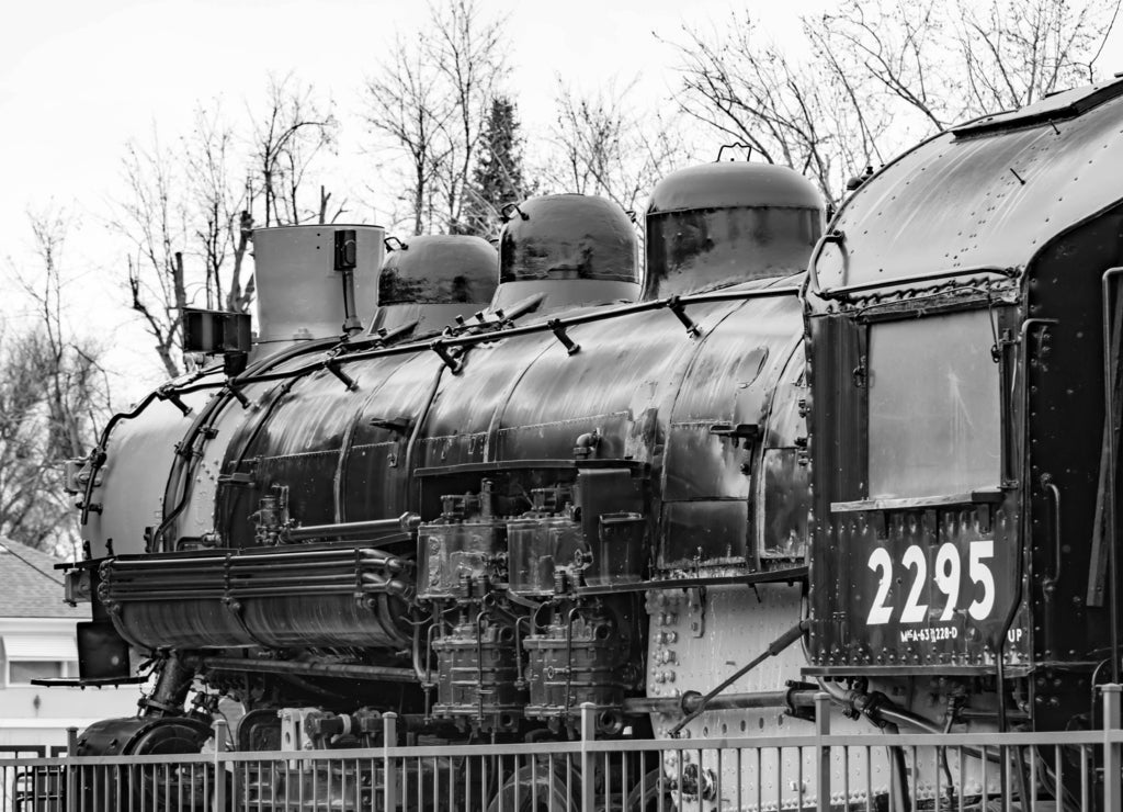 Locomotive 2295 and Boise Train Depot, Boise Idaho USA, March 30, 2020 in black white