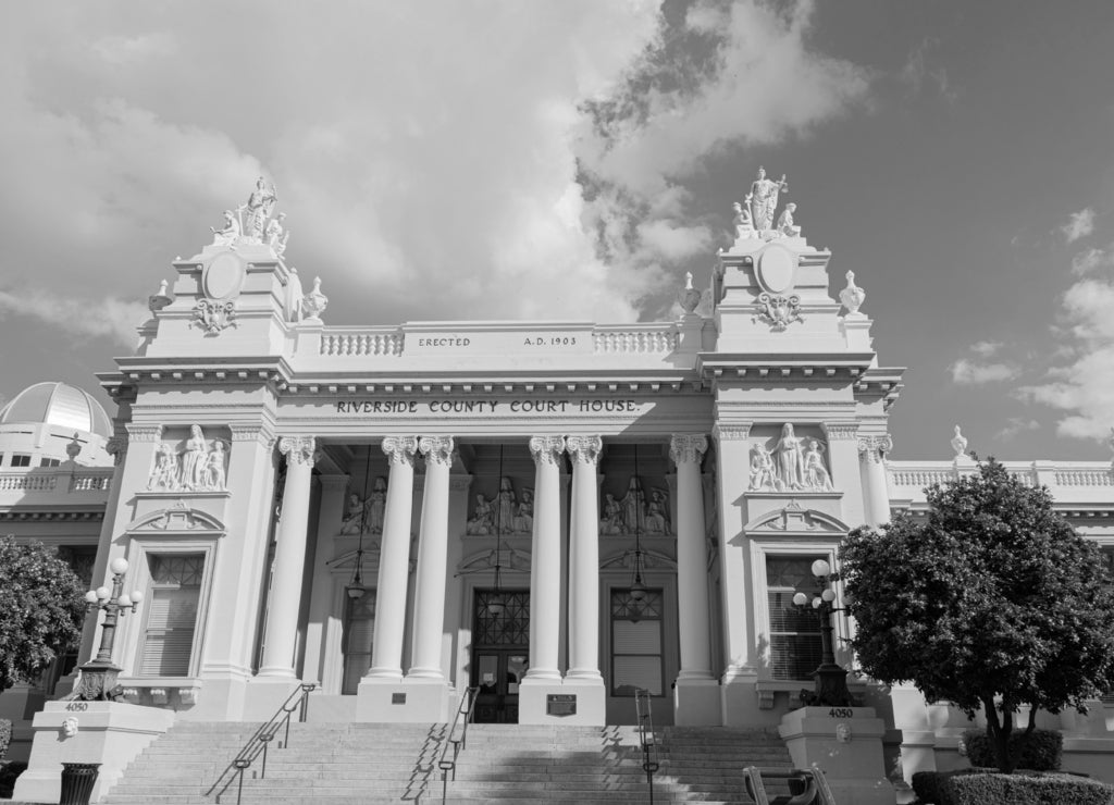 Downtown Riverside, Court House, California in black white