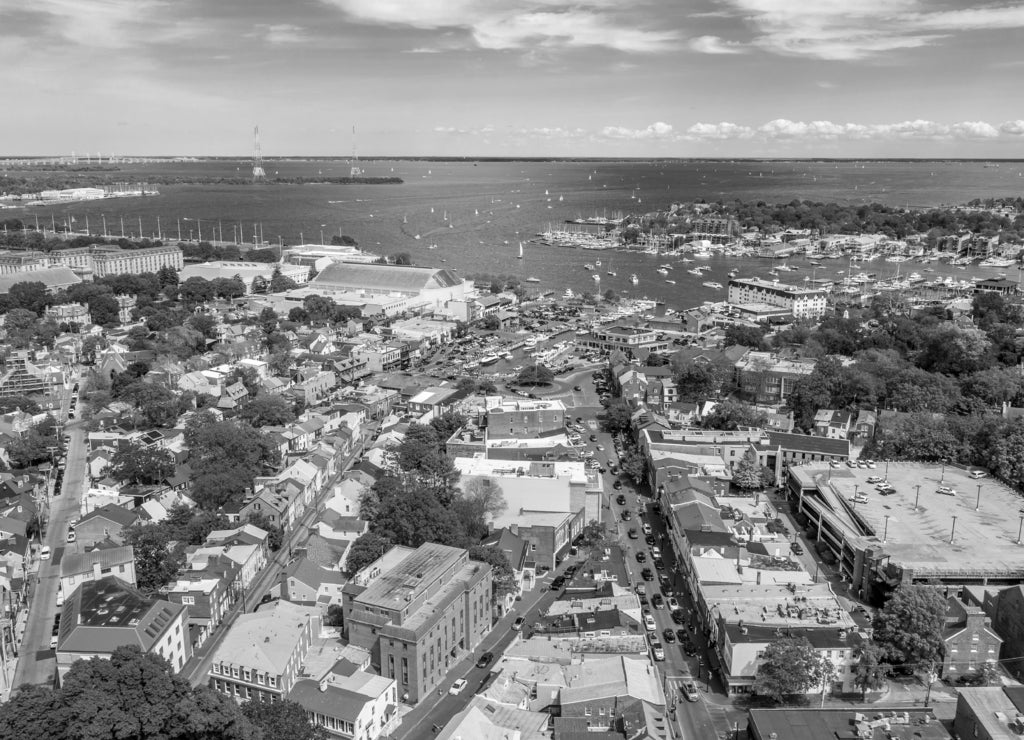 Aerial view of downtown Annapolis the capitol of Maryland on a sunny afternoon in black white