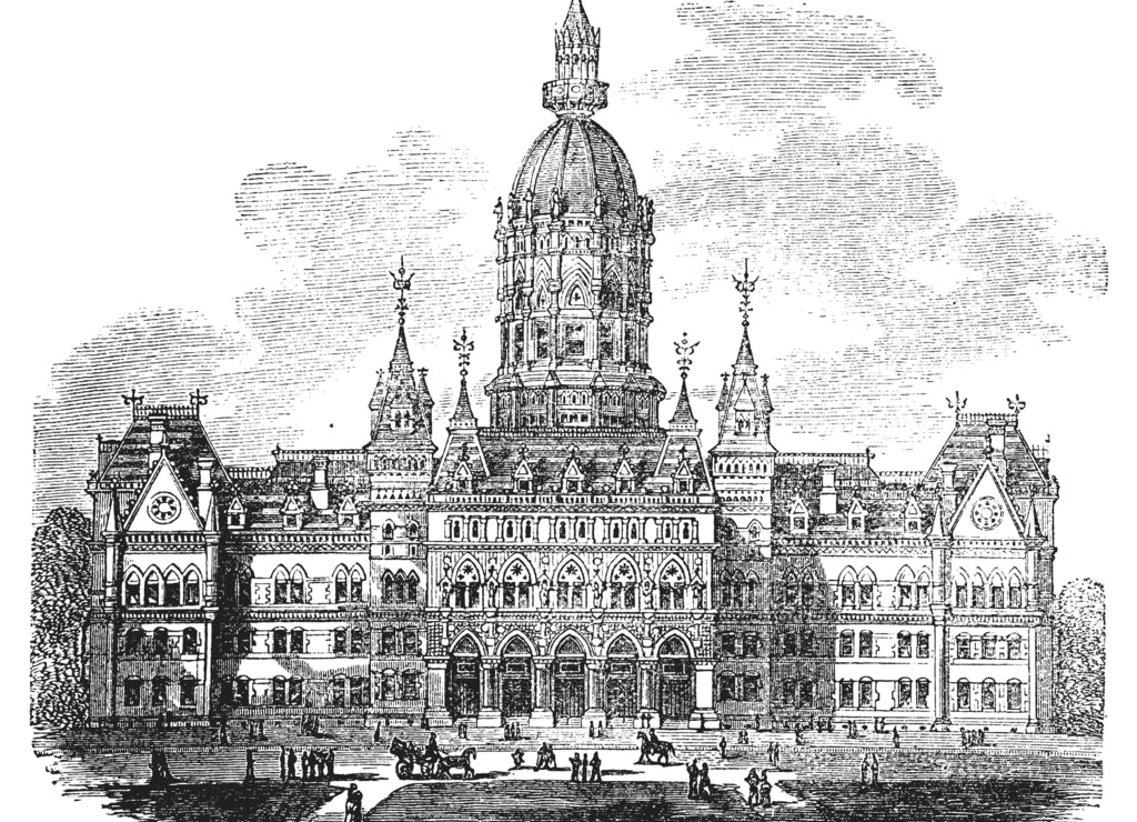 Hartford, Connecticut, New State House vintage engraving in black white