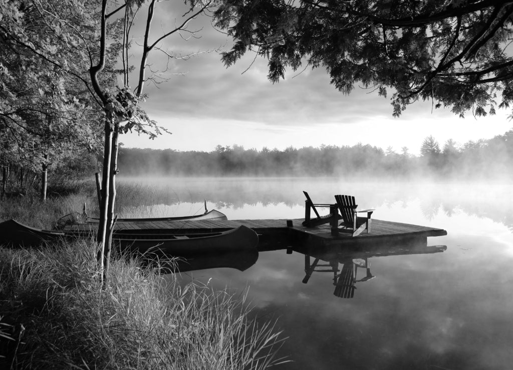 boat on the lake, sunrise in the fall, Baldwin Michigan in black white