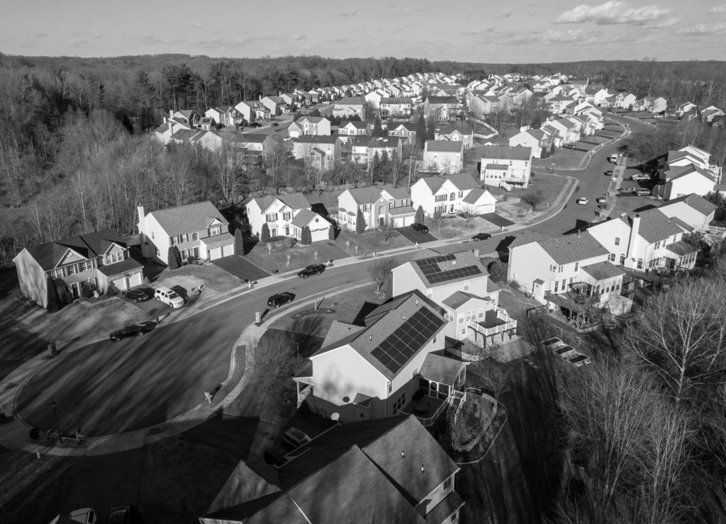 Low altitude aerial of the Gunpowder neighborhood in Joppa, Harford County, Maryland in black white