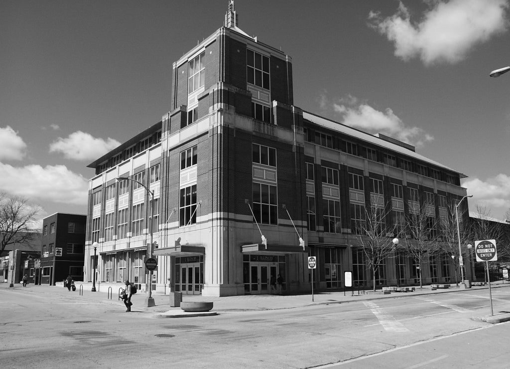 University of Illinois at Urbana Champaign campus building in winter in black white