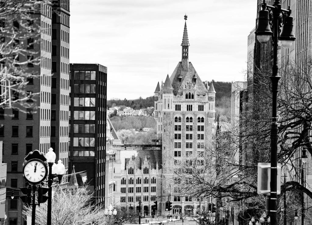 State University of New York in Albany downtown view from Capitol park, New York, USA in black white