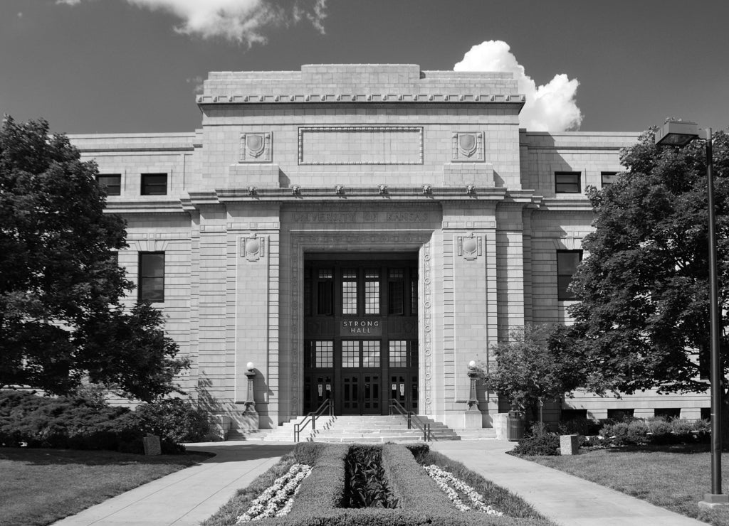 Strong Hall at the University of Kansas in Lawrence, Kansas on a Sunny Day in black white