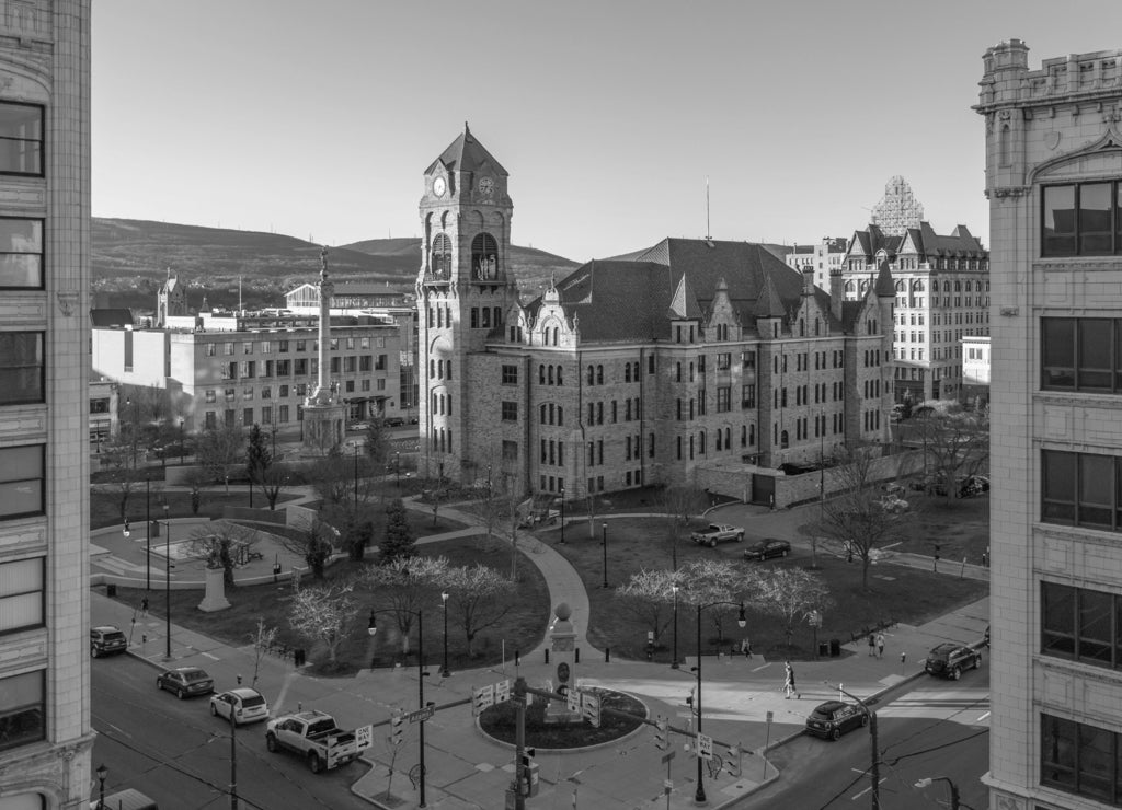 Lackawanna County Courthouse Square, 2019, in downtown Scranton, Pennsylvania in black white