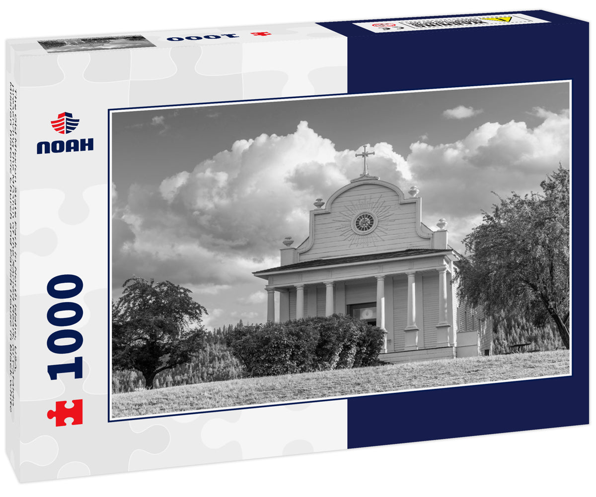 The Old Mission State Park in North Idaho, USA, preserving the Mission of the Sacred Heart, or Cataldo Mission historic Church and Parish House in black white