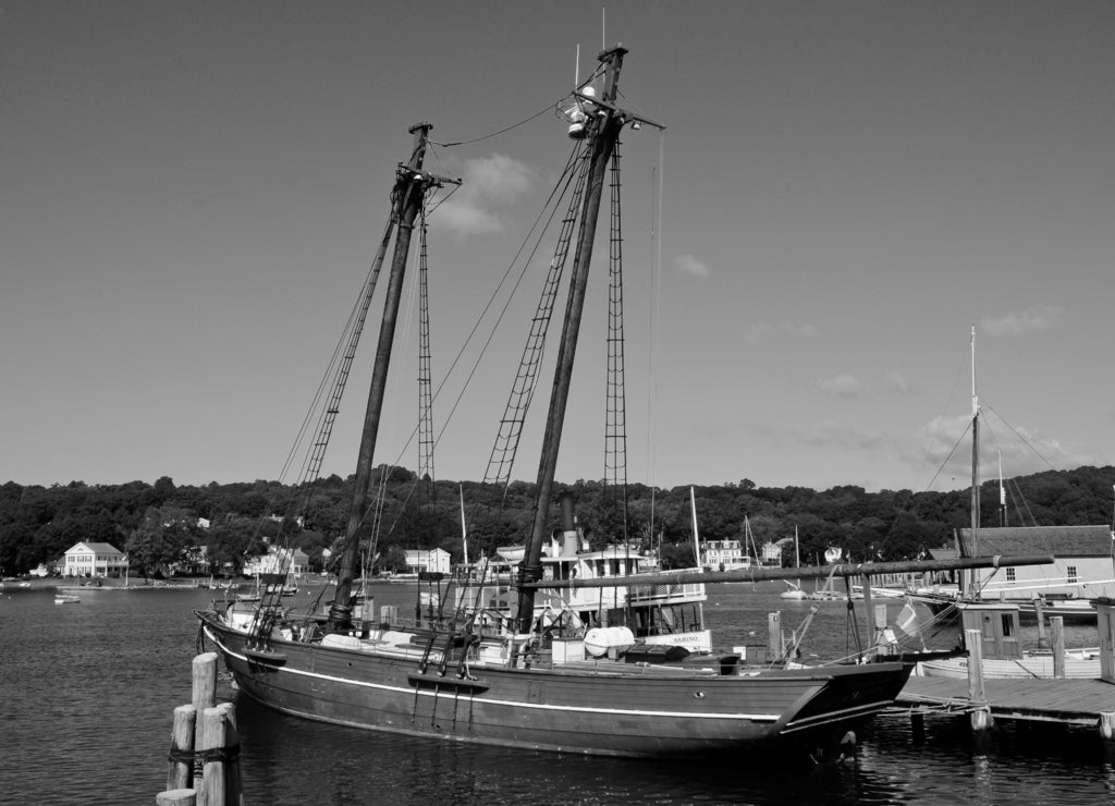 Mystic Seaport, Mystic, Connecticut, USA in black white