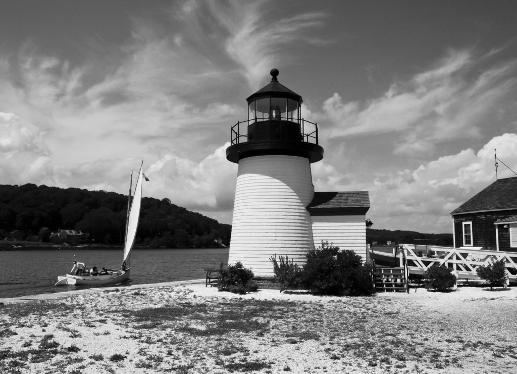 Lighthouse, Mystic Seaport, Mystic, Connecticut, USA in black white