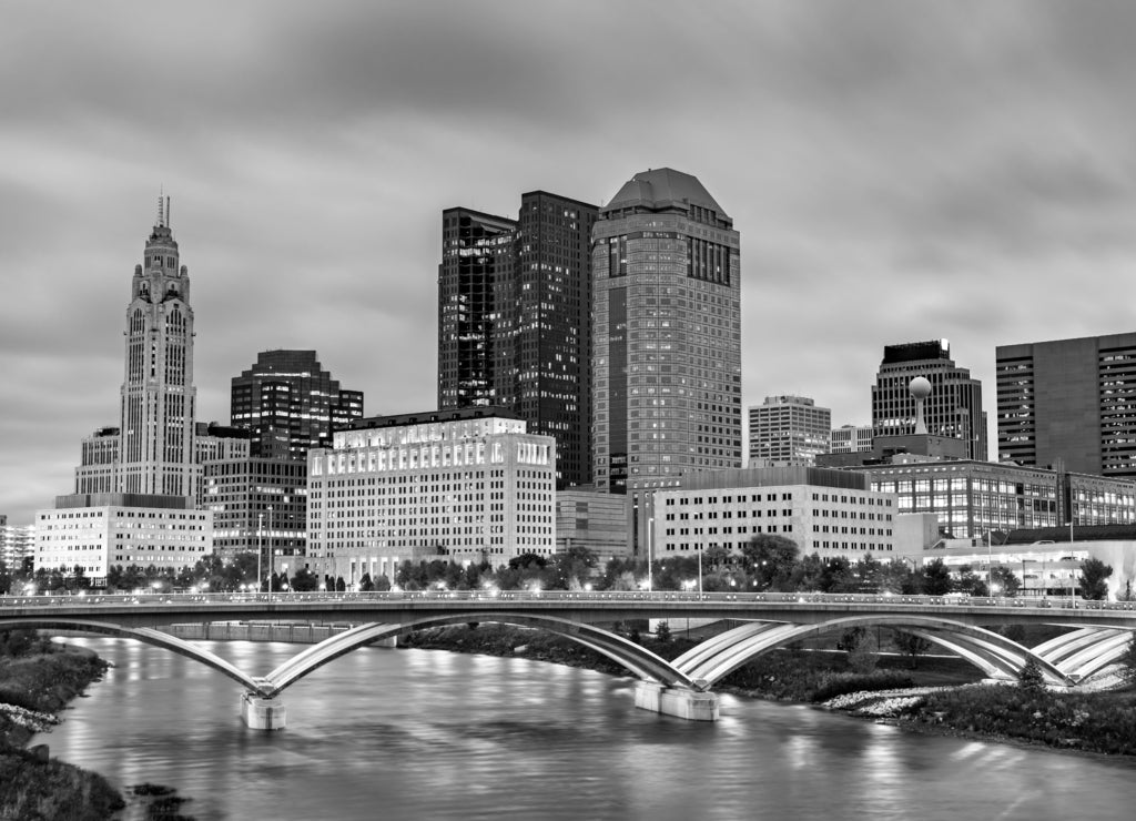 Cityscape of Columbus above the Scioto River, Ohio in black white