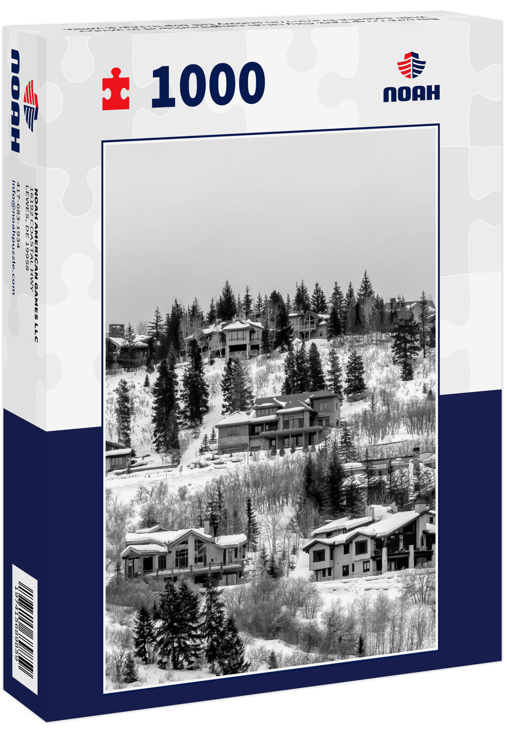 Square crop Park City Utah neighborhood in winter with colorful homes on snowy hill top in black white