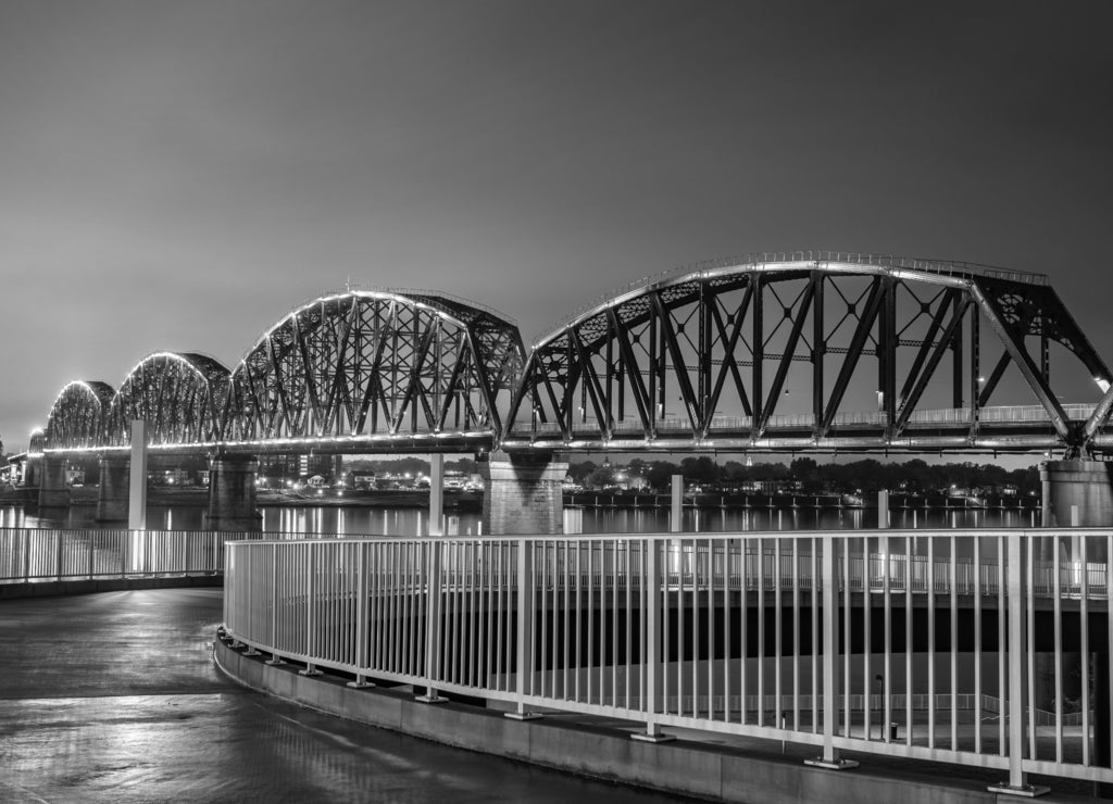 Big Four Bridge across Ohio River between Louisville, Kentucky and Jeffersonville, Indiana in black white