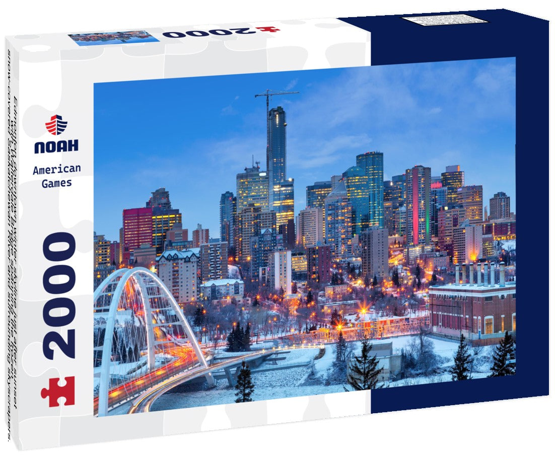 Edmonton downtown winter skyline just after sunset with Walterdale Bridge spanning the frozen, snow-covered Saskatchewan River and surrounding skyscrapers. Edmonton is the capital of Alberta, Canada 2000pc Puzzle