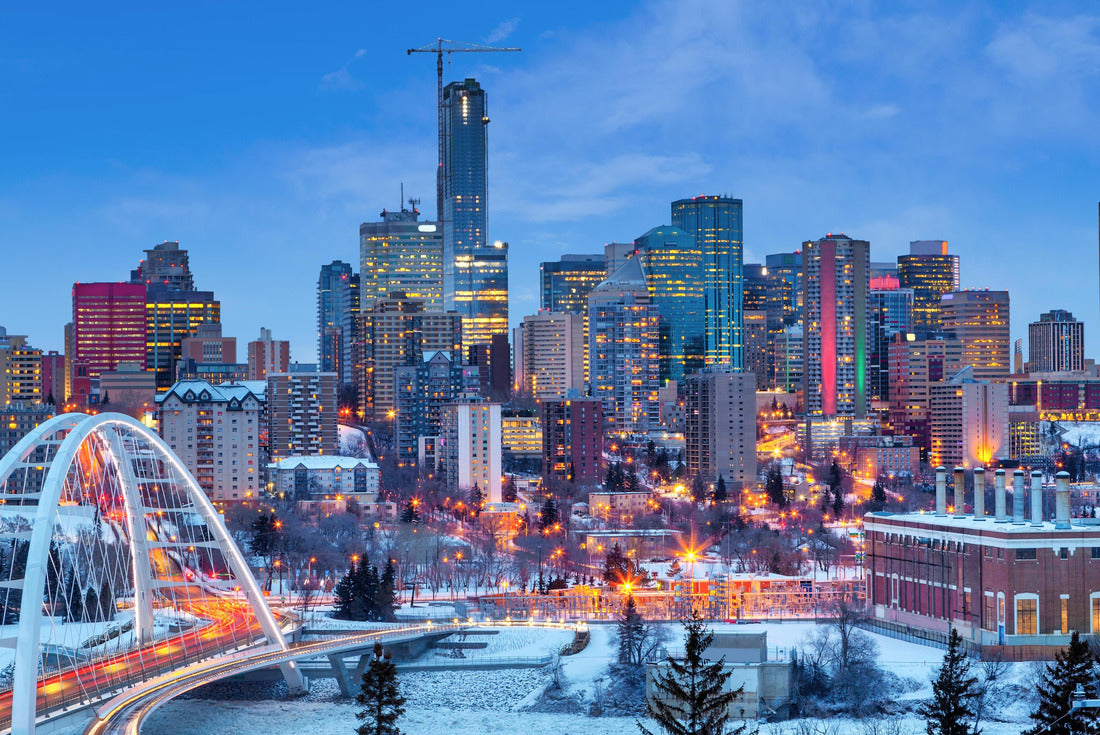 Edmonton downtown winter skyline just after sunset with Walterdale Bridge spanning the frozen, snow-covered Saskatchewan River and surrounding skyscrapers. Edmonton is the capital of Alberta, Canada 2000pc Puzzle