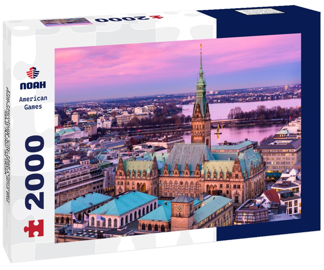 The Hamburg City Hall (German: Rathaus) with downtown and the lake Alster at dusk 2000pc Puzzle