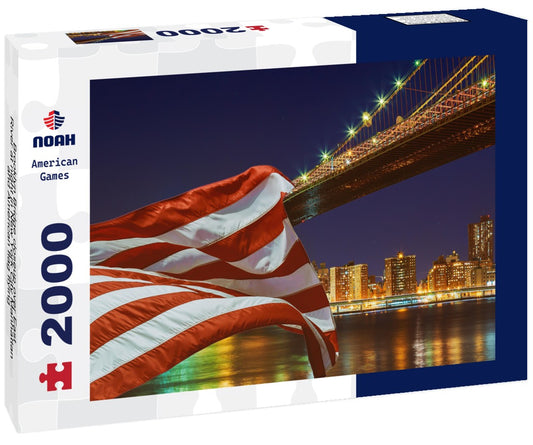 Noah Jigsaw Puzzle Brooklyn Bridge closeup over East River at night in New York City Manhattan and American flag flying 2000 pieces