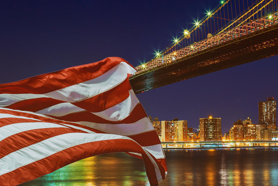 Noah Jigsaw Puzzle Brooklyn Bridge closeup over East River at night in New York City Manhattan and American flag flying 2000 pieces