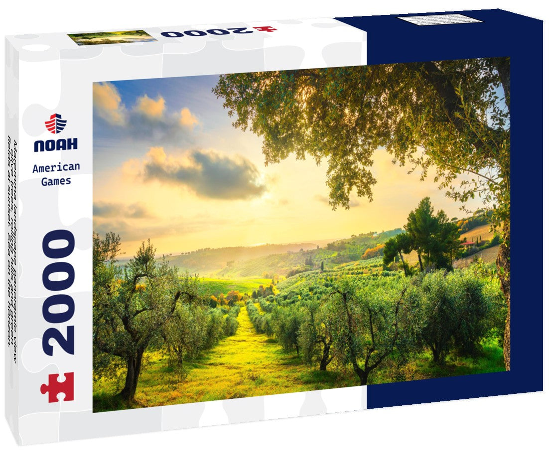 Maremma landscape view, olive trees, rolling hills and green fields at sunset. Sea on the horizon. Casale Marittimo, Pisa, Tuscany Italy 2000pc Puzzle