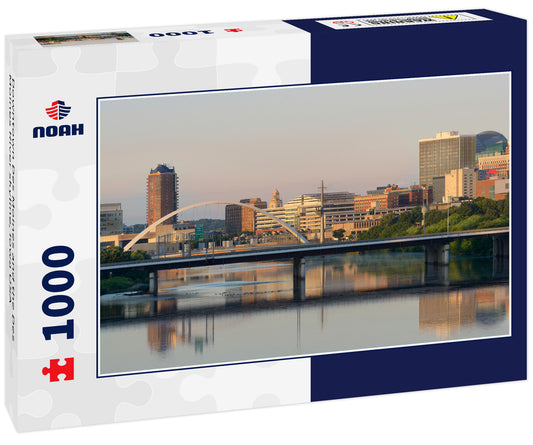 Downtown Des Moines and the Des Moines River skyline, Iowa USA