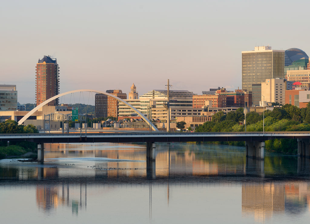 Downtown Des Moines and the Des Moines River skyline, Iowa USA