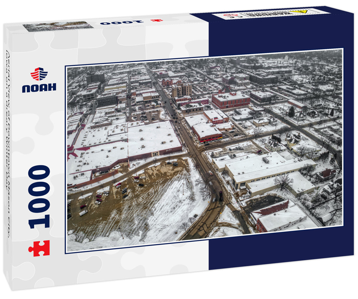 Aerial View of Downtown Mason City, Iowa on a dreary Winter Day