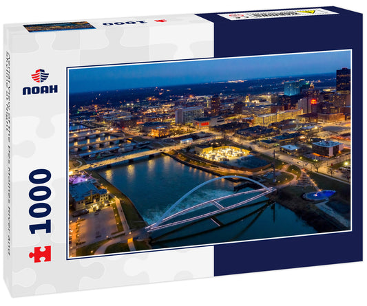 Aerial View of the Des Moines River and Skyline at Night