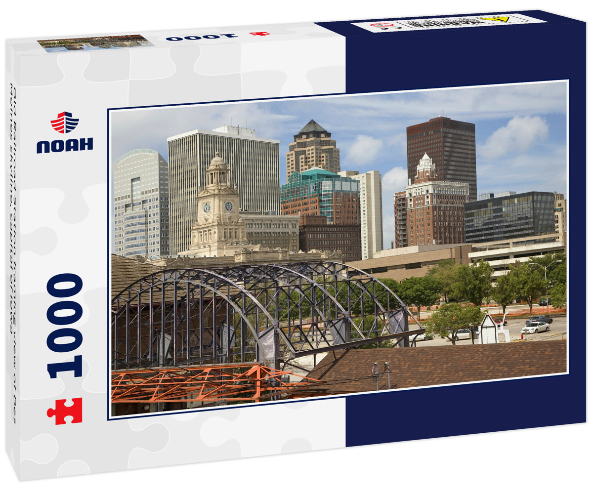 Old Railroad Station framing view of Des Moines skyline, capital of Iowa