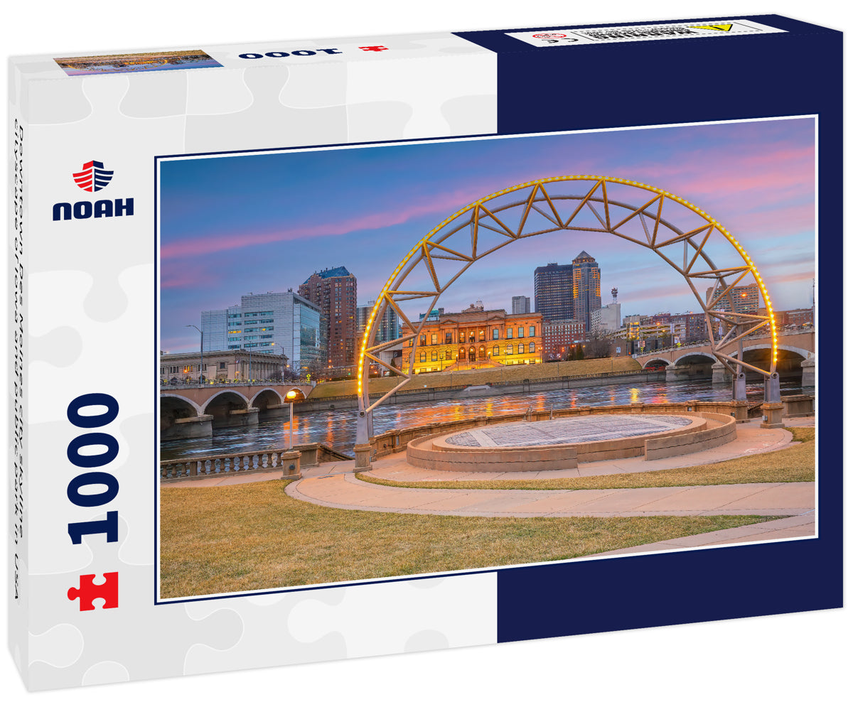 Downtown Des Moines city skyline cityscape of Iowa and public park in USA