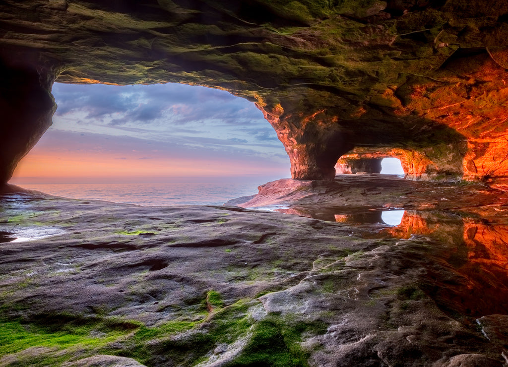 Sea Cave on Lake Superior at Sunset